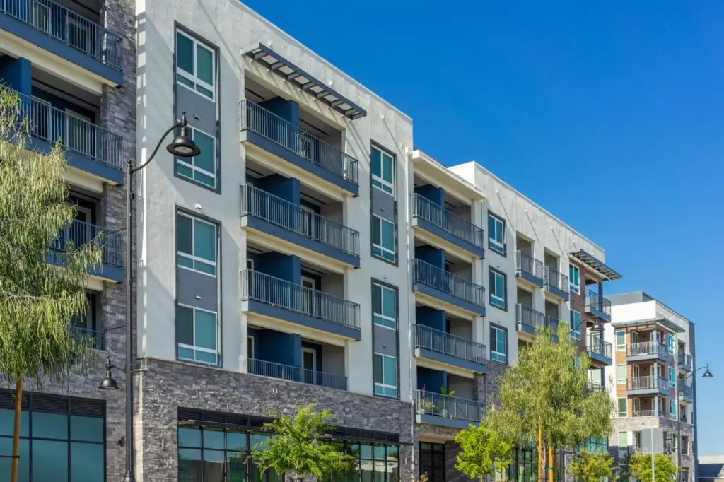 Apartment building with balconies, a common type of multi unit rental property